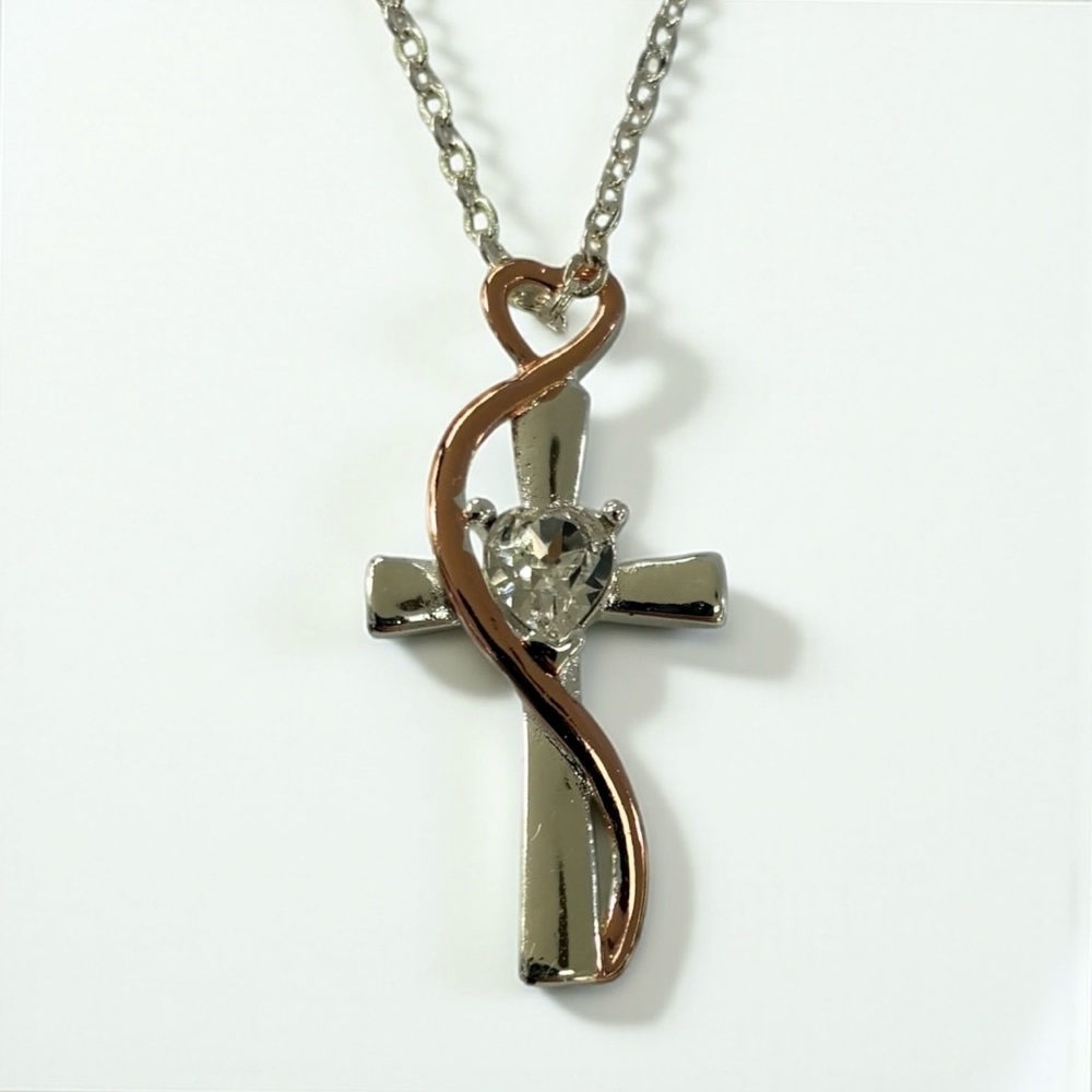 Brilliance Swarovski Crystal Faith Two-Tone Heart Cross Necklace